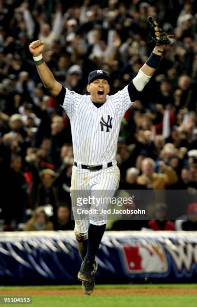 Alex Rodriguez of the New York Yankees celebrates after their 7-3 win against the Philadelphia Phillies in Game Six of the 2009 MLB World Series at...