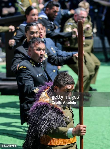 New Zealand Defence Forces' units perform haka dance, a traditional ancestral war cry, after the ceremony at New Zealand Memorial at Chunuk Bair,...