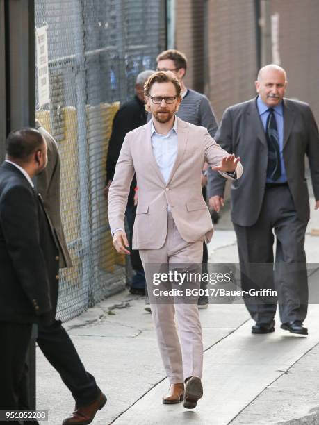 Tom Hiddleston is seen arriving at 'Jimmy Kimmel Live' on April 24, 2018 in Los Angeles, California.