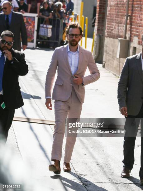 Tom Hiddleston is seen arriving at 'Jimmy Kimmel Live' on April 24, 2018 in Los Angeles, California.