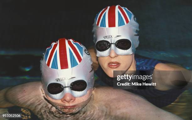 British Swimmers Karen Pickering and Graeme Smith model the New Speedo Speed Mask in Knightsbridge, London on November 13, 1997.