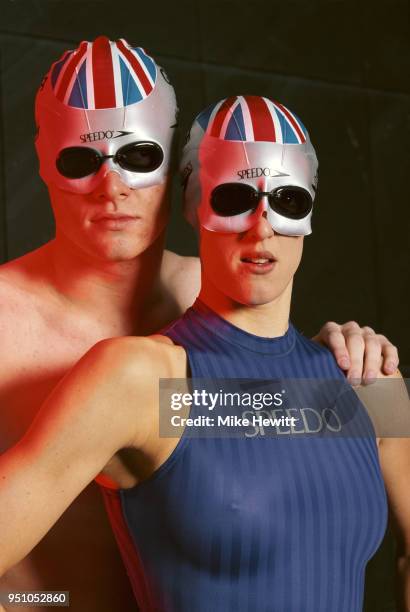 British Swimmers Karen Pickering and Graeme Smith model the New Speedo Speed Mask in Knightsbridge, London on November 13, 1997.