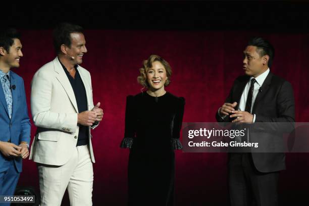 Actors Henry Golding, Will Arnett, actress Constance Wu and director Jon M. Chu speak during CinemaCon 2018 Warner Bros. Pictures Invites You to The...