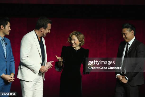 Actors Henry Golding, Will Arnett, actress Constance Wu and director Jon M. Chu speak during CinemaCon 2018 Warner Bros. Pictures Invites You to The...