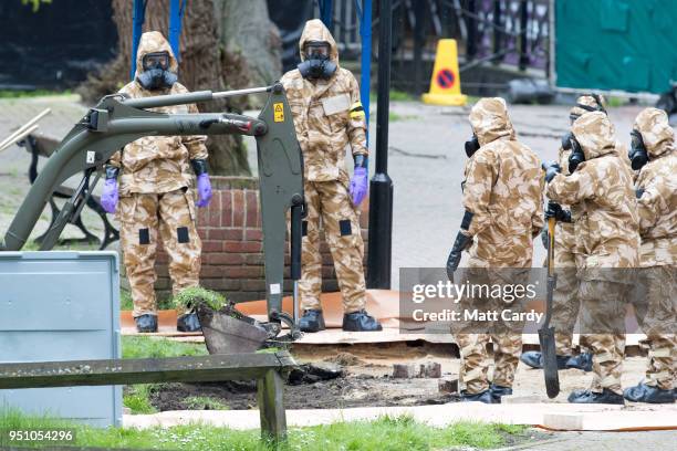 Members of the military work in the Maltings shopping area, close to the bench where Russian former double agent Sergei Skripal and his daughter...