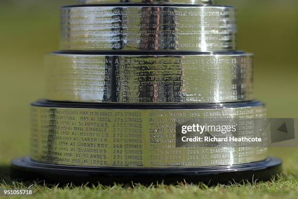 Detailed view of The Claret Jug showing the names of recent Carnoustie winners Paul Lawrie and Padraig Harrington for The Open Championship media day...