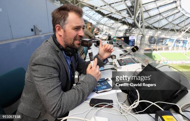Chris Jones, the BBC Radio 5 Live rugby commentator prior to during the European Rugby Champions Cup Semi-Final match between Leinster Rugby and...