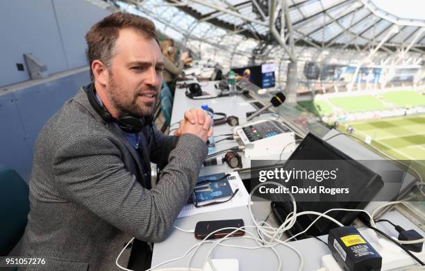 Chris Jones, the BBC Radio 5 Live rugby commentator prior to during the European Rugby Champions Cup Semi-Final match between Leinster Rugby and...