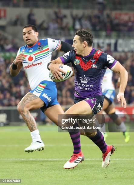 Billy Slater of the Melbourne Storm scores a try during the round eight NRL match between the Melbourne Storm and New Zealand Warriors at AAMI Park...