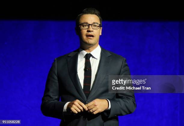 Dave Hollis speaks onstage during the 2018 CinemaCon - The State of The Industry: Past, Present and Future and studio presentation from Walt Disney...