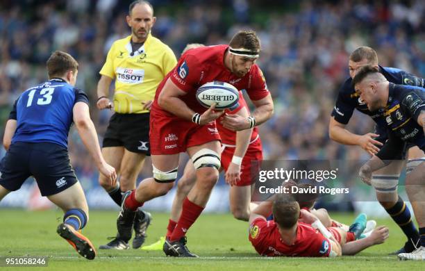 Lewis Rawlins of the Scarlets charges upfield during the European Rugby Champions Cup Semi-Final match between Leinster Rugby and Scarlets at Aviva...