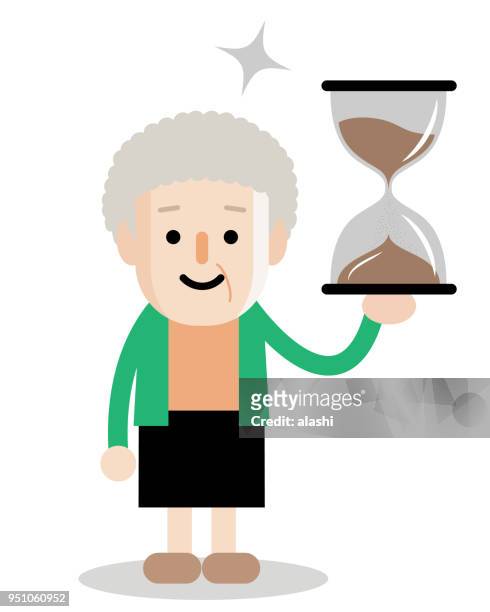 stockillustraties, clipart, cartoons en iconen met actieve en gezonde levensstijl senior vrouw met zandloper zand klok - 80 89 jaar