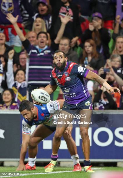 Josh Addo-Carr of the Melbourne Storm celebrates after scoring a try during the round eight NRL match between the Melbourne Storm and New Zealand...