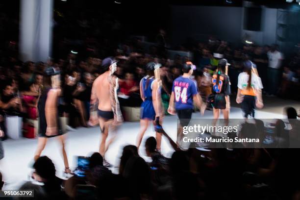 Models walk the runway during the Amir Slama fashion show during Sao Paulo Fashion Week N45 SPFW Summer 2019 at Brazilian Cultures Engineer Armando...