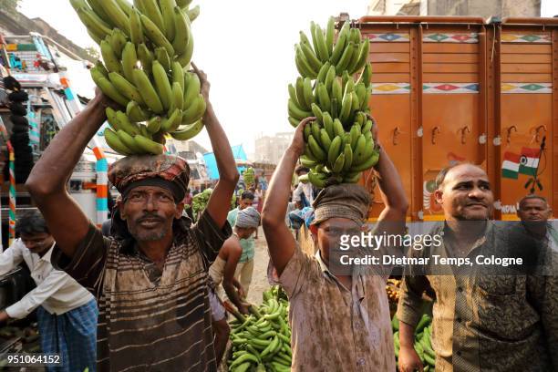 market vendors at a banana auction, india - dietmar temps stock-fotos und bilder