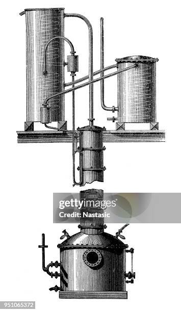 ilustrações, clipart, desenhos animados e ícones de aparelhos de colunas para retificação contínua, um processo que cria um espírito retificado (álcool) - alambique equipamento industrial