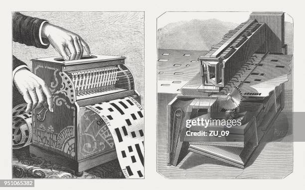 american barrel organ with inside mechanism, wood engravings, published 1888 - church organ stock illustrations
