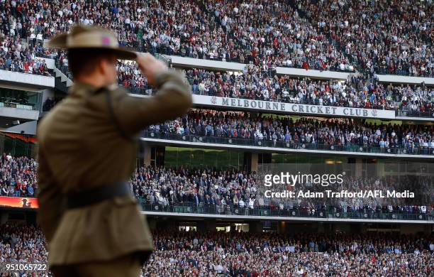 General view during the pre match ceremony during the 2018 AFL round five ANZAC Day match between the Collingwood Magpies and the Essendon Bombers at...