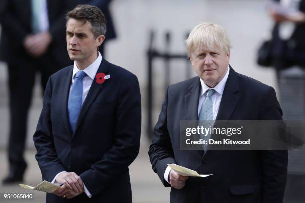 Foreign Secretary Boris Johnson and Britain's Defence Secretary Gavin Williamson attend an Anzac Day service at the Cenotaph on Whitehall on April...