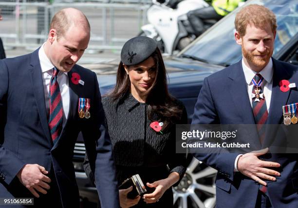 Prince William, Duke of Cambridge with Prince Harry and Meghan Markle attend an Anzac Day service at Westminster Abbey on April 25, 2018 in London,...