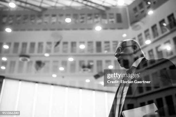 Image has been converted to black and white.) BERLIN, GERMANY German Economy Minister Peter Altmaier is pictured during a press conference on April...