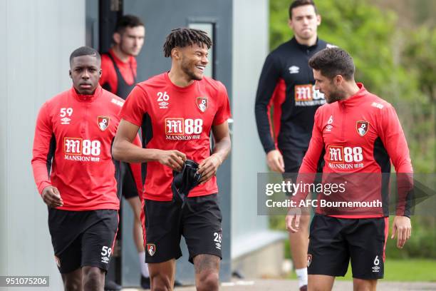 Tyrone Mings with Andrew Surman of Bournemouth during training on April 24, 2018 in Bournemouth, England.