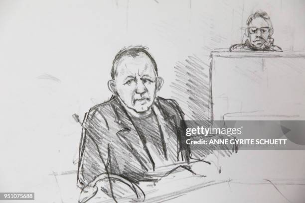 Court drawing by Anne Gyrite Schütt made available by Danish news agency Ritzau SCANPIX shows accused Peter Madsen during his trial at the courthouse...