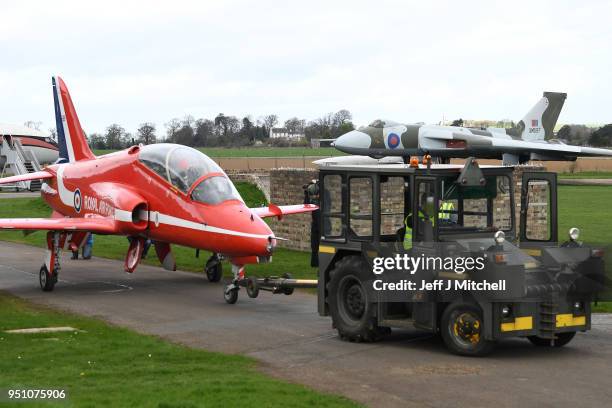 British Aerospace Hawk T1A which has been acquired by the national Museum of Scotland is towed outside on April 25, 2018 in East Fortune, Scotland....