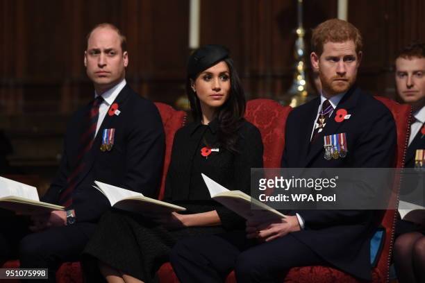 Prince William, Duke of Cambridge, Meghan Markle and Prince Harry attend an Anzac Day service at Westminster Abbey on April 25, 2018 in London,...