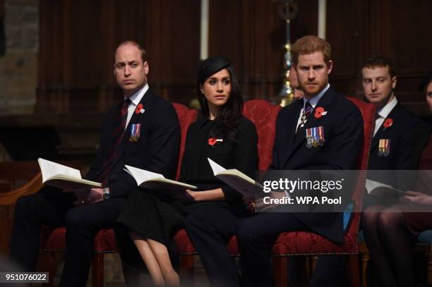 Prince William, Duke of Cambridge, Meghan Markle and Prince Harry attend an Anzac Day service at Westminster Abbey on April 25, 2018 in London,...