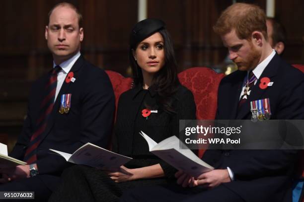 Prince William, Duke of Cambridge, Meghan Markle and Prince Harry attend an Anzac Day service at Westminster Abbey on April 25, 2018 in London,...