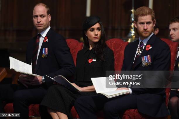 Prince William, Duke of Cambridge, Meghan Markle and Prince Harry attend an Anzac Day service at Westminster Abbey on April 25, 2018 in London,...