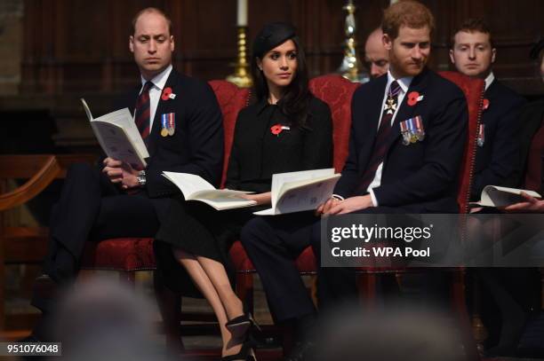 Prince William, Duke of Cambridge, Meghan Markle and Prince Harry attend an Anzac Day service at Westminster Abbey on April 25, 2018 in London,...