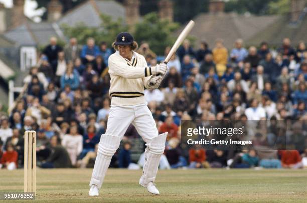 Hampshire batsman Barry Richards cuts a ball towards the boundary during a Tour match against Australia at the County Ground, on June 28, 1975 in...