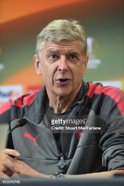Arsenal manager Arsene Wenger attends a press conference at London Colney on April 25, 2018 in St Albans, England.
