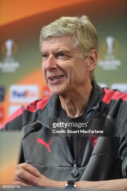 Arsenal manager Arsene Wenger attends a press conference at London Colney on April 25, 2018 in St Albans, England.
