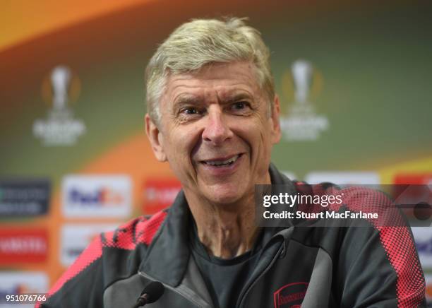 Arsenal manager Arsene Wenger attends a press conference at London Colney on April 25, 2018 in St Albans, England.