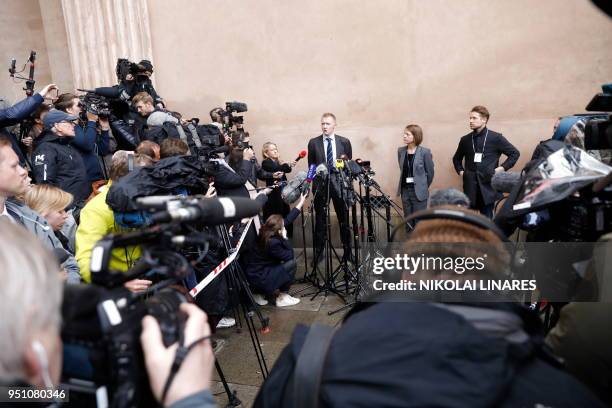 Prosecutor Jakob Buch-Jepsen speaks with journalists at a press briefing in front of the courthouse in Copenhagen after the verdict in the case of...