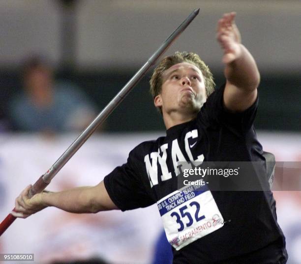 Breaux Greer of the US throws the Javelin 20 July, 2000 at the 2000 US Olympic Team Trials at Hornet Stadium at California State University in...