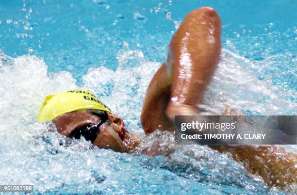 Chad Carvin of the Mission Viejo Swim Club breaks through the water during the Men's 400m freestyle at the 2000 United States Olympic Swim Trials at...