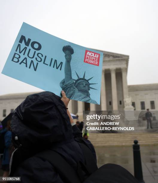 Activists rally against the Muslim Ban on the day the Supreme Court hears arguments in Hawaii v. Trump in front of the court in Washington, DC on...