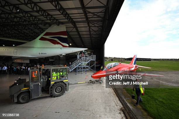 British Aerospace Hawk T1A which has been acquired by the national Museum of Scotland is towed outside on April 25, 2018 in East Fortune, Scotland....