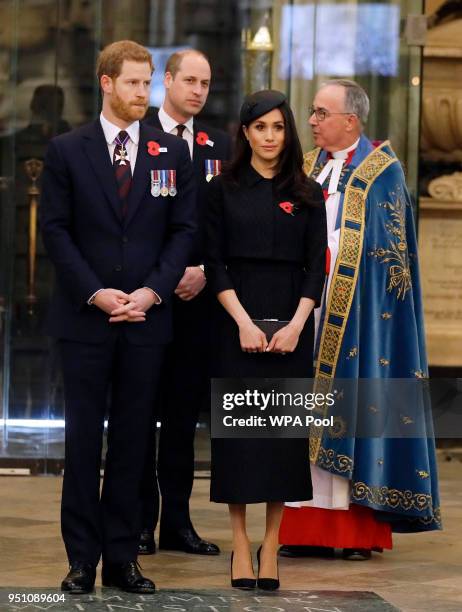 Prince William, Duke of Cambridge, Meghan Markle and Prince Harry attend an Anzac Day service at Westminster Abbey on April 25, 2018 in London,...