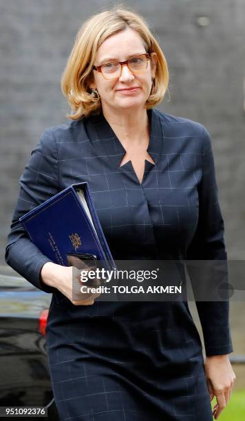 Britain's Home Secretary Amber Rudd arrives at 10 Downing Street in central London on April 25, 2018.