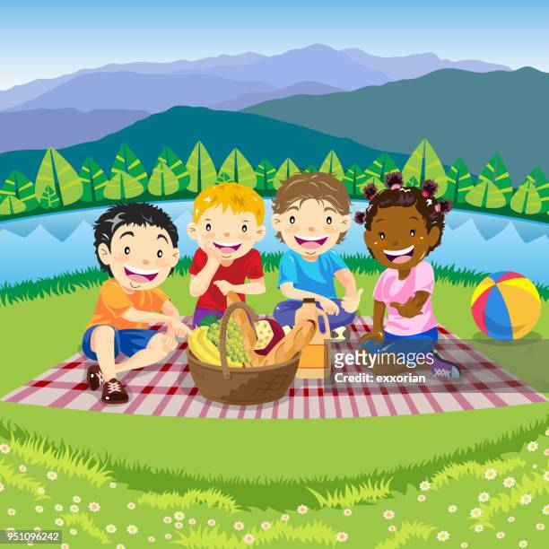 kinder picknick im frühjahr - vier personen stock-grafiken, -clipart, -cartoons und -symbole