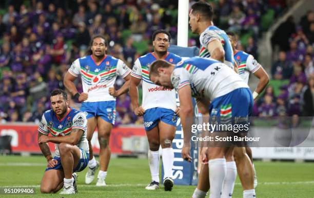 The Warriors react behind their goal line after conceeding a try during the round eight NRL match between the Melbourne Storm and New Zealand...