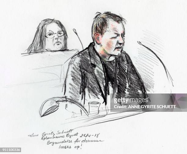 Court drawing by Anne Gyrite Schütt made available by Danish news agency Ritzau SCANPIX shows accused Peter Madsen during his trial at the courthouse...