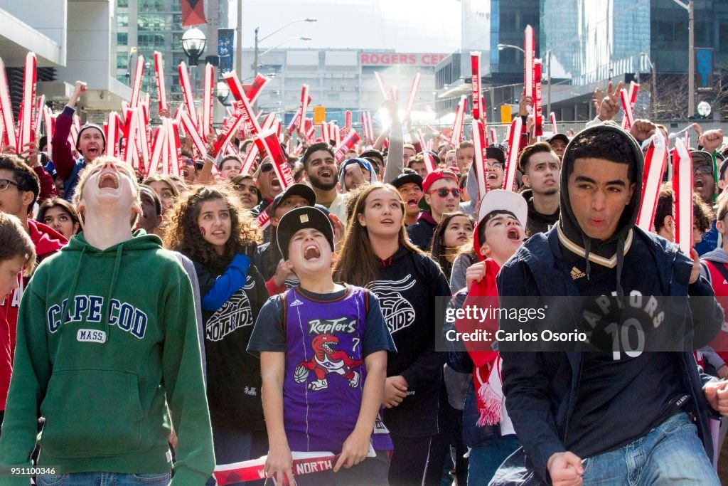 Fans at Maple Leafs square cheer as the Toronto Raptors went on to defeat the Milwaukee Bucks in game 4 to tie the series at 2-2.