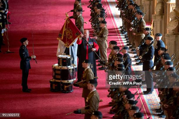 General view of St George's Hall as Queen Elizabeth II, Colonel-in-Chief of the Royal Tank Regiment, presents the regiment with their new standard in...