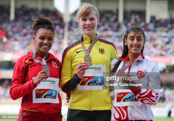 Jael Bestue of Spain, Talea Prepens of Germany and Mizgin Ay of Turkey with their medals in the girls 200m during day 5 of the IAAF World U18...